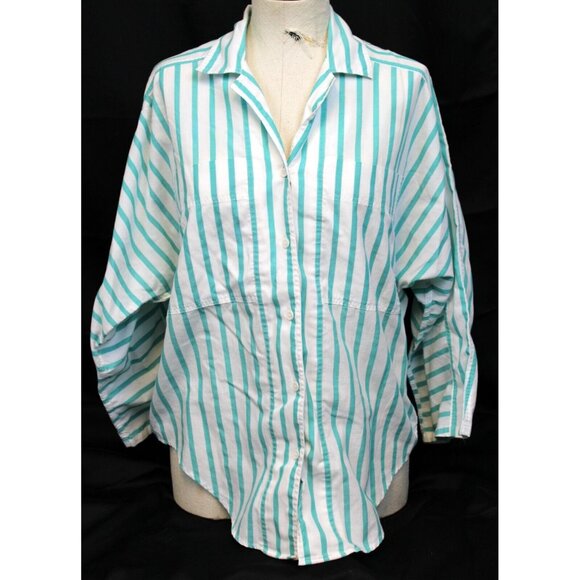 VTG 80s Summerfield Striped Button up Blouse Shirt Lg Teal Blue Preppy Classic - Picture 1 of 12